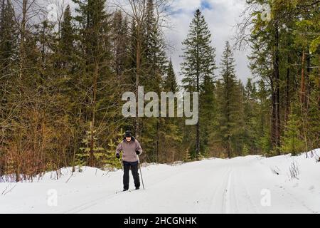 Un homme senior en vêtements de sport et chapeau avec rabats passe au ski de fond sur une piste de ski dans une forêt enneigée d'hiver. Banque D'Images