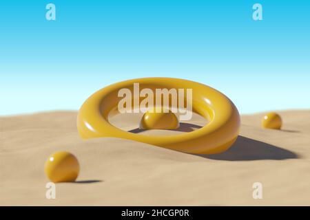 Résumé 3D fond de tore et de sphères dans le désert.Mise au point sélective sur les formes au milieu.Ciel bleu et soleil.3D rendu Banque D'Images