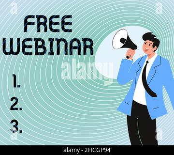 Webinaire gratuit sur l'écriture manuscrite.Concept signification Séminaire d'atelier de lecture qui est transmis sur le Web Illustration d'Un homme pointant loin tenir Banque D'Images