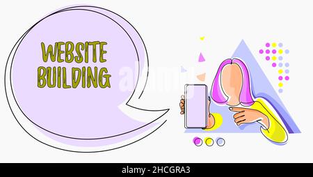 Affiche affichant le bâtiment du site Web.Mot pour l'emplacement est construit selon les besoins des clients dessin de ligne pour Lady Holding téléphone présentant de nouvelles idées Banque D'Images