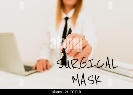 Légende présentant le masque chirurgical.Photo conceptuelle portée par les professionnels de la santé pendant la chirurgie et pendant l'enseignement des nouvelles idées et conceptions Banque D'Images