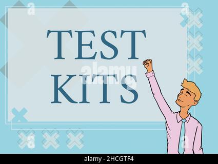 Inspiration montrant des kits de test de signe.Les outils de vitrine d'affaires utilisés pour détecter la présence de quelque chose dans le corps Happy Man Illustration debout Banque D'Images