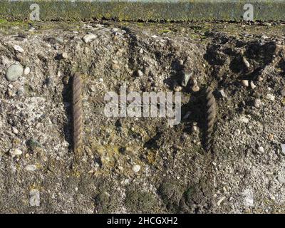 béton armé endommagé avec barres de résistance en acier rouillé exposées arrière-plan industriel Banque D'Images