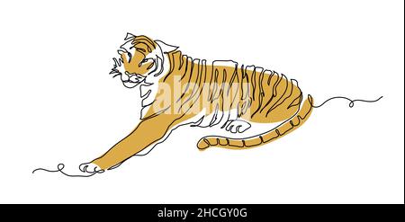 Dessin d'art en ligne continu Tiger One en couleur.Illustration vectorielle.Signe du nouvel an chinois 2022, symbole.Esquisse de tigre, nain Illustration de Vecteur