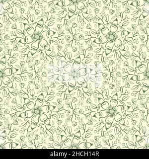 Fond sans couture à motif vectoriel de roses médiévales.Toile de fond en filigrane complexe de motifs fleuris dessinés à la main.Vert sauge vieilli texturé Illustration de Vecteur