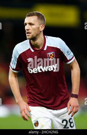 WATFORD, ANGLETERRE - DÉCEMBRE 28 : Tomas Soucek de West Ham United lors du match de la Premier League entre Watford et West Ham United à Vicarage Road Stad Banque D'Images