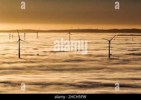 Éoliennes sortant de la couverture nuageuse, silhouettes au coucher du soleil, Koeterberg, Luegde, Weserbergland,Rhénanie-du-Nord-Westphalie, Allemagne Banque D'Images