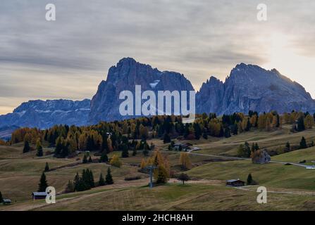 Alpe di Siusi avec Sciliar, Sassolungo et Sassopiatto, Tyrol du Sud, Italie, Compatisch,Castelrotto, Tyrol du Sud, Italie Banque D'Images