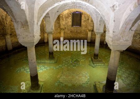 Mosaïque de sol inondée dans la crypte de la Basilique de San Pietro Maggiore à San Francesco, Ravenne, province de Ravenne, Italie Banque D'Images