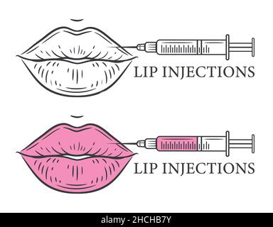 Augmentation de l'injection de beauté des lèvres par l'icône de la ligne de remplissage d'acide hyaluronique.Seringue médicale.Correction de la cosmétologie de la bouche.Chirurgie plastique.Vecteur Illustration de Vecteur