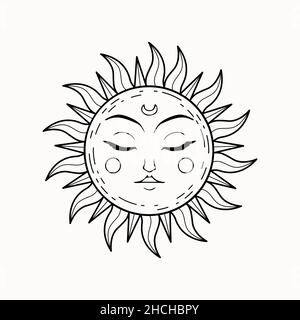 Art de ligne du soleil décoratif ésotérique mystique avec le visage de femme et les yeux fermés.Élément d'astrologie de style boho mystique céleste dessiné à la main, sorcellerie Illustration de Vecteur