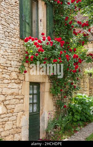 Belle vieille maison en pierre française avec des roses rouges qui poussent autour de l'entrée Banque D'Images