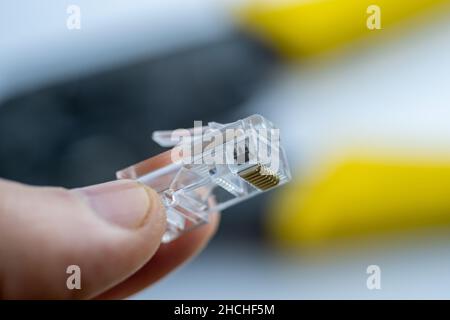 Connecteur lan ethernet RJ45 à portée de main.Gros plan Banque D'Images