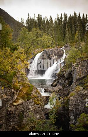 Plan vertical d'une belle cascade dans une forêt en Norvège Banque D'Images