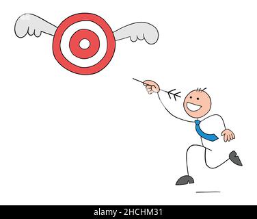 Homme d'affaires stickman avec la flèche à la main pourchassant les taureaux volants ailés oeil pour frapper la cible.Illustration vectorielle dessinée à la main. Illustration de Vecteur