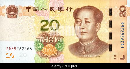 Portrait de Mao Tsé-toung sur un billet de 20 yuan chinois, de l'argent chinois Banque D'Images