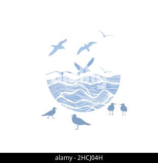 Conception abstraite du logo de l'océan avec vagues et mouettes.Illustration vectorielle Illustration de Vecteur