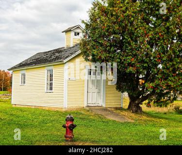 La maison d'abeilles jaune et le bassin de bois rouge contre les arbres d'automne lors d'un jour d'automne couvert.Canterbury Shaker Village, New Hampshire États-Unis. Banque D'Images