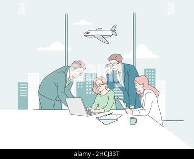 Les personnes se rencontrent en regardant un ordinateur portable au bureau.Vecteur métier de style de ligne, illustration Illustration de Vecteur