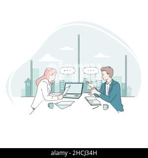 Les personnes se rencontrent en regardant un ordinateur portable au bureau.Vecteur métier de style de ligne, illustration Illustration de Vecteur