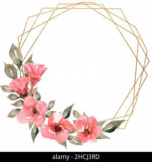 Couronne de fleurs de corail et cadre doré aquarelle, fleurs roses clip art, cadre de pivoine, fleurs de bohémien, invitations de mariage, fête des mères,Douche bébé, imprimé carte Banque D'Images