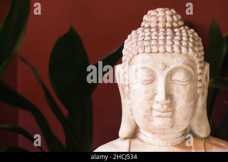 Un gros plan de la tête d'une statue de Bouddha blanc avec un fond d'un mur rouge et des feuilles Banque D'Images