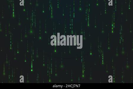 Arrière-plan de la matrice.Flux vert de chiffres.Résumé exécution de code binaire.Des chiffres aléatoires en baisse sur fond sombre.Papier peint futuriste.Vecteur Illustration de Vecteur