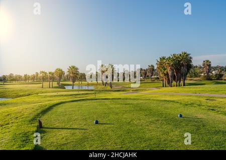 Parcours de golf moderne pour les touristes avec des étangs clairs et des palmiers pour la détente et le golf.Albufeira, Algarve Sunny Day Banque D'Images