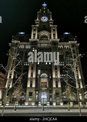 Plan vertical d'un bâtiment du foie à Liverpool la nuit Banque D'Images