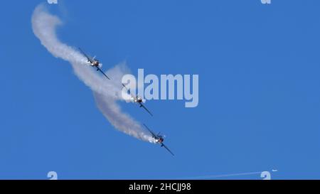 Thiene Italie OCTOBRE, 16, 2021 des pilotes militaires qualifiés font des manœuvres extrêmes avec des avions rétro fabriqués en Russie.Yakovlev Yak-52 par YAK Italia Banque D'Images