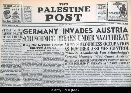 Titre du journal israélien présentant un événement historique - l'Allemagne envahit l'Autriche, 1938 Banque D'Images