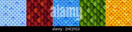 Textures de jeu de dragon ou peau de poisson, armure cuirass de reptile échelle fond sans couture.Motifs répétés bleu, rouge, vert, jaune, rouge.Chaîne de courrier de fantasy animal Squama Cartoon Vector Set Illustration de Vecteur