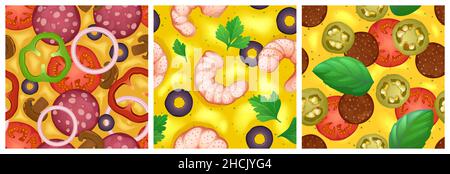 Pizza textures sans couture pour le jeu, fast food répétitions de motifs.3d fonds avec fromage, salami, olives, tomate et crevettes avec verdure.Conception de couches d'interface graphique ou d'interface graphique, illustration vectorielle de gros plan Illustration de Vecteur