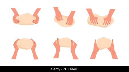 Pétrissage des mains de pâte.Femme prépare des pâtisseries maison ou des pâtes.Vue de dessus.École de cuisine.Restez à la maison et cuisinez des aliments sains selon la recette.Vecteur Illustration de Vecteur