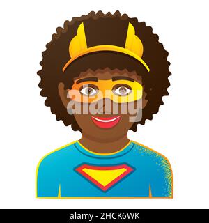 Enfant portant un costume coloré de Superhero.Fille ou garçon avec masque jaune.Isolé sur fond blanc.Illustration vectorielle.Icône avec visage amusant pour enfants. Illustration de Vecteur