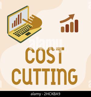 Réduction du coût de l'écriture manuscrite.Mesures de concept d'entreprise mises en œuvre pour réduire les dépenses et améliorer le bénéfice dessin d'ordinateur portable montrant graphique main de croissance Banque D'Images