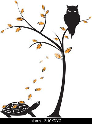 Silhouette de chouette sur l'arbre en automne et tortue, vecteur.Silhouette de hibou sur la branche et illustration des chutes de feuilles isolées sur fond blanc.Dessin animé Illustration de Vecteur