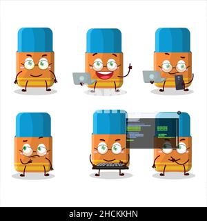 Gomme orange programmeur mignon personnage de dessin animé avec.Illustration vectorielle Illustration de Vecteur