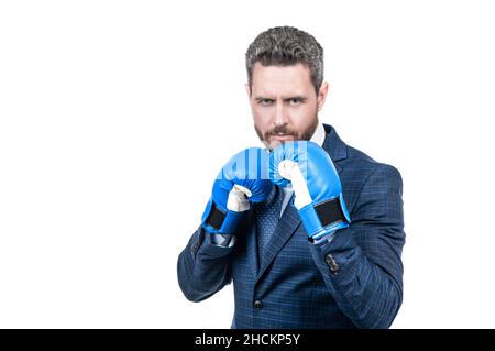 Continuez à vous battre.Boss porter des gants de boxe.Debout en position de combat.Rivalité des entreprises Banque D'Images