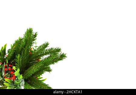 Branche de sapin de Noël décorée de feuilles de baies rouges hellebore isolées sur fond blanc espace de copie Banque D'Images