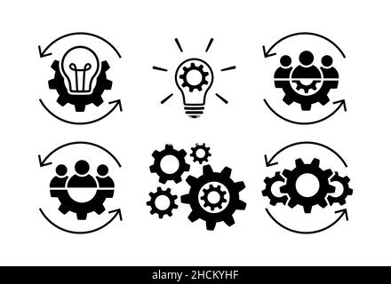 Icônes de processus.Travail d'équipe et jeu d'icônes créatives.Symboles d'équipe et d'équipement isolés en blanc.Affiches de leadership plates.Symbole Groupe de personnes.Teamwo Illustration de Vecteur