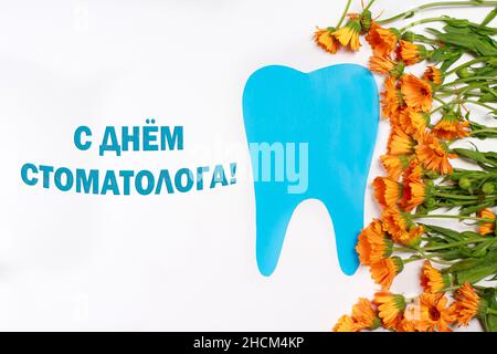 Carte de vœux pour la dentisterie.Blue tooth et calendula fleurs avec texte en russe, traduction Happy dentiste day Banque D'Images