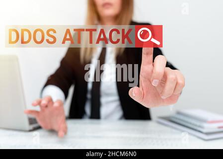 Affichage conceptuel attaque DDoS.Mot pour l'accès perturbé au serveur normal causé par l'Assistant système malveillant offrant des instructions et des formations Banque D'Images