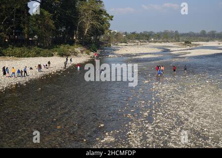 Rivière Murti au nord de Dhupjhora dans le parc national de Gorumara.Jalpaiguri, Bengale-Occidental, Inde. Banque D'Images