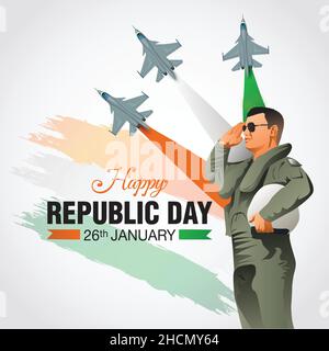 Happy Republic Day India concept avec illustration vectorielle des avions de chasse et des couleurs du drapeau indien, avec fond blanc. Illustration de Vecteur