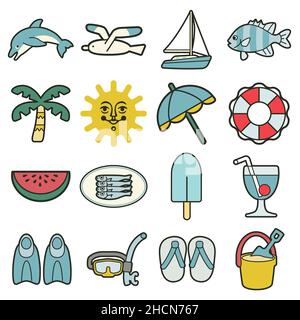 icônes simples de vacances en mer d'été Illustration de Vecteur