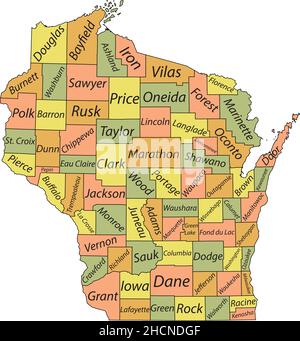 Carte administrative à vecteur pastel de l'État fédéral du Wisconsin, États-Unis avec des frontières noires et des étiquettes de nom de ses comtés Illustration de Vecteur