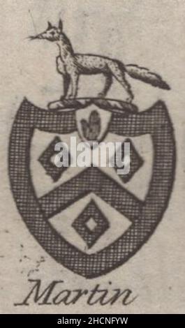 Antique gravure de 18th siècles heraldy armoiries, baronet anglais de Martin par Woodman & Mutlow fc russel co vers 1780s Source: Gravures originales du livre annuel almanach. Banque D'Images