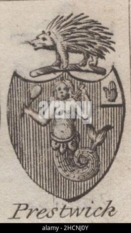 Antique gravure de 18th siècles heraldy armoiries, baronet anglais de Prestwick par Woodman & Mutlow fc russel co vers 1780s Source: Gravures originales du livre annuel almanach. Banque D'Images