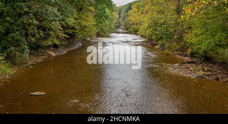 La rivière Ashtabula vue depuis le pont couvert d'Olin-Dewey pendant le changement de couleur des feuilles d'automne dans le comté d'Ashtabula, Ohio. Banque D'Images